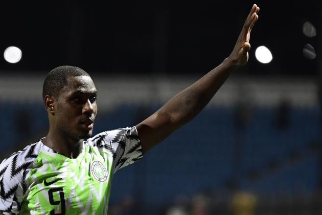 Nigeria's forward Odion Ighalo greets the fans during the 2019 Africa Cup of Nations (CAN) Round of 16 football match between Nigeria and Cameroon at the Alexandria Stadium in the Egyptian city on July 6, 2019. (Photo by JAVIER SORIANO / AFP)        (Photo credit should read JAVIER SORIANO/AFP via Getty Images)