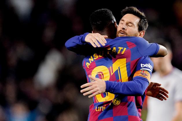 BARCELONA, SPAIN - FEBRUARY 2: Ansu Fati of FC Barcelona celebrates 1-0 with Lionel Messi of FC Barcelona  during the La Liga Santander  match between FC Barcelona v Levante at the Camp Nou on February 2, 2020 in Barcelona Spain (Photo by Jeroen Meuwsen/Soccrates/Getty Images)