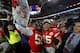 MIAMI, FLORIDA - FEBRUARY 02: Frank Clark #55 of the Kansas City Chiefs and Patrick Mahomes #15 of the Kansas City Chiefs celebrate after defeating San Francisco 49ers by 31 - 20in Super Bowl LIV at Hard Rock Stadium on February 02, 2020 in Miami, Florida. (Photo by Kevin C. Cox/Getty Images)