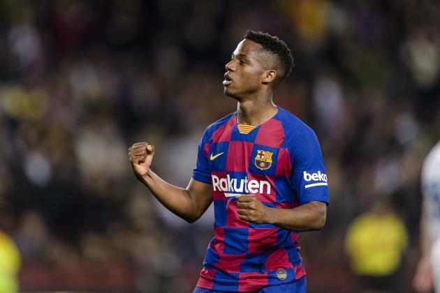 BARCELONA, SPAIN - FEBRUARY 02: Ansu Fati of FC Barcelona celebrates his goal during the Liga match between FC Barcelona and Levante UD at Camp Nou on February 2, 2020 in Barcelona, Spain. (Photo by Claudio Chaves/Eurasia Sport Images/Getty Images)