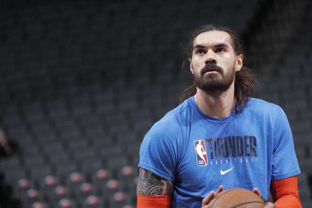 SACRAMENTO, CA - JANUARY 29: Steven Adams #12 of the Oklahoma City Thunder warms up before the game against the Sacramento Kings on January 29, 2020 at Golden 1 Center in Sacramento, California. NOTE TO USER: User expressly acknowledges and agrees that, by downloading and or using this Photograph, user is consenting to the terms and conditions of the Getty Images License Agreement. Mandatory Copyright Notice: Copyright 2020 NBAE (Photo by Rocky Widner/NBAE via Getty Images)