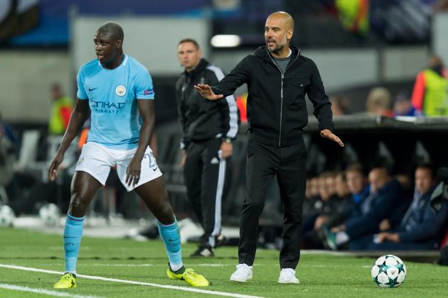 ROTTERDAM, NETHERLANDS - SEPTEMBER 13: Benjamin Mendy of Manchester City and Head coach Pep Guardiola of Manchester City looks on during the UEFA Champions League match between Feyenoord Rotterdam and Manchester City at Stadion Feijenoord on September 13, 2017 in Rotterdam, Netherlands. (Photo by TF-Images/TF-Images via Getty Images)