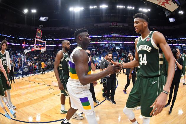 NEW ORLEANS, LA - FEBRUARY 4: Zion Williamson #1 of the New Orleans Pelicans and Giannis Antetokounmpo #34 of the Milwaukee Bucks high-five after a game on February 4, 2020 at the Smoothie King Center in New Orleans, Louisiana. NOTE TO USER: User expressly acknowledges and agrees that, by downloading and or using this Photograph, user is consenting to the terms and conditions of the Getty Images License Agreement. Mandatory Copyright Notice: Copyright 2020 NBAE (Photo by Jesse D. Garrabrant/NBAE via Getty Images)