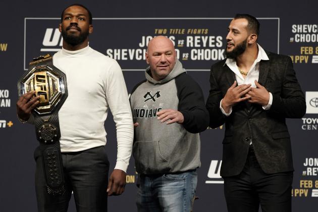 LAS VEGAS, NEVADA - DECEMBER 13:  (L-R) UFC light heavyweight champion Jon Jones and Dominick Reyes face off during the UFC 247 press conference at T-Mobile Arena on December 13, 2019 in Las Vegas, Nevada. (Photo by Jeff Bottari/Zuffa LLC)