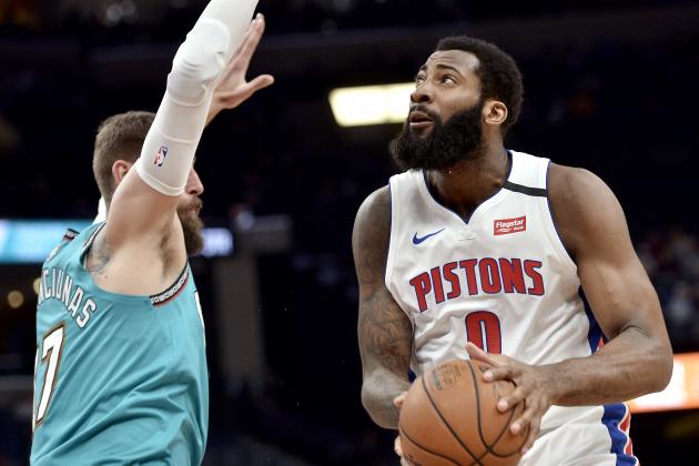 Detroit Pistons center Andre Drummond (0) handles the ball against Memphis Grizzlies center Jonas Valanciunas (17) in the first half of an NBA basketball game Monday, Feb. 3, 2020, in Memphis, Tenn. (AP Photo/Brandon Dill)
