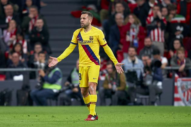 BILBAO, SPAIN - FEBRUARY 06: Jordi Alba of FC Barcelona reacts during the Copa del Rey Quarter Final match between Athletic Bilbao and FC Barcelona at Estadio de San Mames on February 06, 2020 in Bilbao, Spain. (Photo by Quality Sport Images/Getty Images)