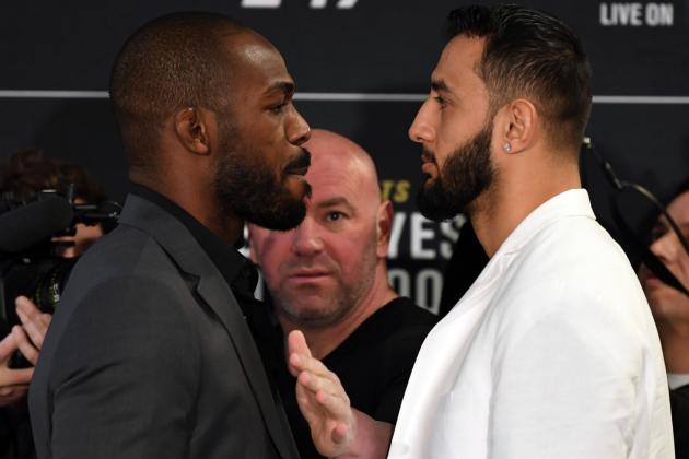 HOUSTON, TEXAS - FEBRUARY 06: (L-R) Opponents Jon Jones and Dominick Reyes face off during the UFC 247 Ultimate Media Day at the Crowne Plaza Houston River Oaks on February 06, 2020 in Houston, Texas. (Photo by Josh Hedges/Zuffa LLC)