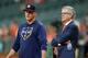 HOUSTON, TEXAS - OCTOBER 05: Manager AJ Hinch #14 talks with Jeff Luhnow, General Manager of the Houston Astros, prior to game two of the American League Division Series against the Tampa Bay Rays at Minute Maid Park on October 05, 2019 in Houston, Texas. (Photo by Bob Levey/Getty Images)