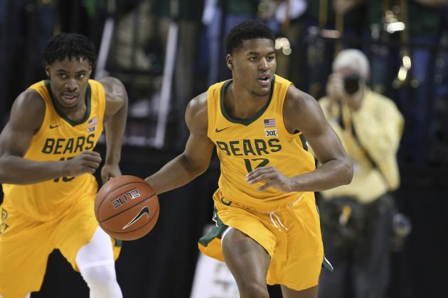 Baylor guard Jared Butler brings the ball up court against TCU in the first half of an NCAA college basketball game, Saturday, Feb. 1, 2020, in Waco, Texas. (AP Photo/Rod Aydelotte)