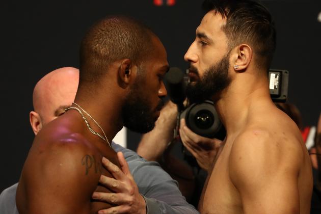 HOUSTON, TEXAS - FEBRUARY 07:  (L-R) Jon Jones and Dominick Reyes face off during the UFC 247 ceremonial weigh-in at Toyota Center on February 07, 2020 in Houston, Texas. (Photo by Ronald Martinez/Getty Images)