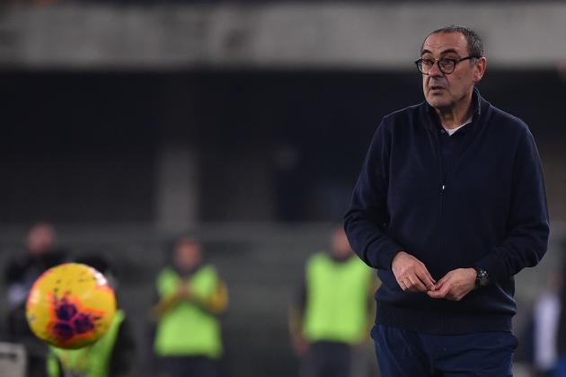 Juventus' coach Maurizio Sarri from Italy looks on during the Italian Serie A football match Hellas Verona vs Juventus on February 8, 2020, at the Marcantonio Bentegodi stadium in Verona. (Photo by MARCO BERTORELLO / AFP) (Photo by MARCO BERTORELLO/AFP via Getty Images)