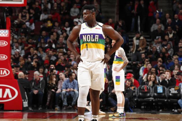 CHICAGO, IL - FEBRUARY 6: Zion Williamson #1 of the New Orleans Pelicans looks on during the game against the Chicago Bulls on February 6, 2020 at United Center in Chicago, Illinois. NOTE TO USER: User expressly acknowledges and agrees that, by downloading and or using this photograph, User is consenting to the terms and conditions of the Getty Images License Agreement. Mandatory Copyright Notice: Copyright 2020 NBAE (Photo by Jeff Haynes/NBAE via Getty Images)