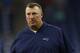 New England Patriots defensive line coach Bret Bielema watches during an NFL preseason football game against the Detroit Lions in Detroit, Thursday, Aug. 8, 2019. (AP Photo/Paul Sancya)