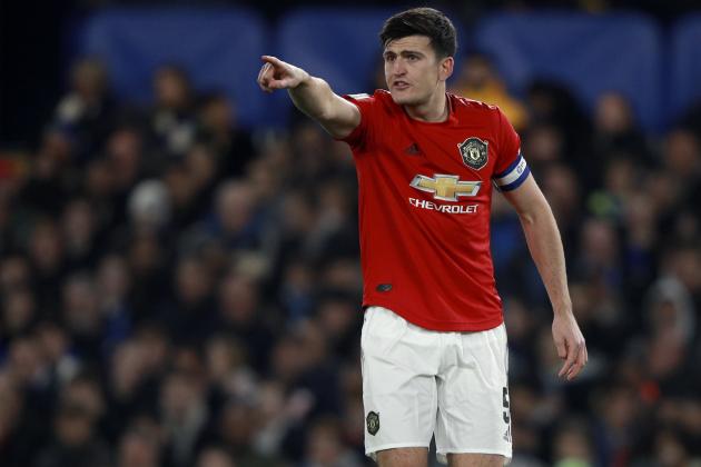 Manchester United's Harry Maguire gestures during the English League Cup soccer match between Chelsea and Manchester United at Stamford Bridge in London, Wednesday, Oct. 30, 2019. (AP Photo/Ian Walton)