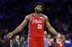 Philadelphia 76ers' Joel Embiid reacts after getting called for a double-technical foul with Los Angeles Clippers' Marcus Morris Sr. during the second half of an NBA basketball game, Tuesday, Feb. 11, 2020, in Philadelphia. (AP Photo/Matt Slocum)