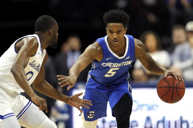 Creighton guard Ty-Shon Alexander (5) drives to the basket past Seton Hall guard Quincy McKnight during the first half of an NCAA college basketball game Wednesday, Feb. 12, 2020, in Newark, N.J.. (AP Photo/Adam Hunger)