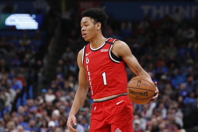 Portland Trail Blazers guard Anfernee Simons (1) during an NBA basketball game against the Oklahoma City Thunder Saturday, Jan. 18, 2020 in Oklahoma City. (AP Photo/Sue Ogrocki)
