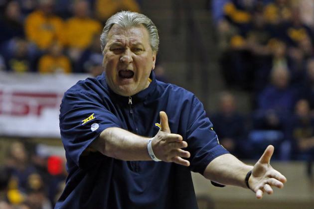 MORGANTOWN, WV - FEBRUARY 01: Head coach Bob Huggins of the West Virginia Mountaineers yells at the referee against the Kansas State Wildcats at the WVU Coliseum on February 1, 2020 in Morgantown, West Virginia. (Photo by Justin K. Aller/Getty Images)