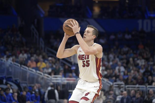 Miami Heat forward Duncan Robinson (55) sets up for a shot during the first half of an NBA basketball game against the Orlando Magic Friday, Jan. 3, 2020, in Orlando, Fla. (AP Photo/Phelan M. Ebenhack)