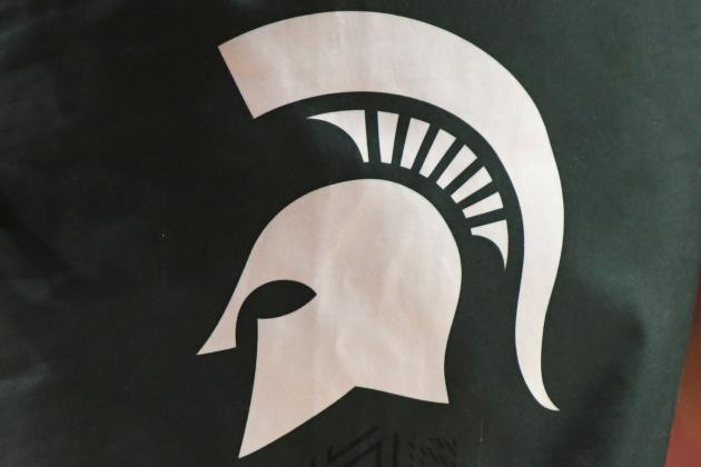COLLEGE PARK, MD - FEBRUARY 03:  The Michigan State Spartans logo on pair of shorts during a women's college basketball game against the Maryland Terrapins at the Xfinity Center on February 03, 2020 in College Park, Maryland.  (Photo by Mitchell Layton/Getty Images)