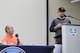 Houston Astros' Alex Bregman, right, delivers a statement as Astros owner Jim Crane listens during a news conference before the start of the first official spring training baseball practice for the team Thursday, Feb. 13, 2020, in West Palm Beach, Fla. (AP Photo/Jeff Roberson)