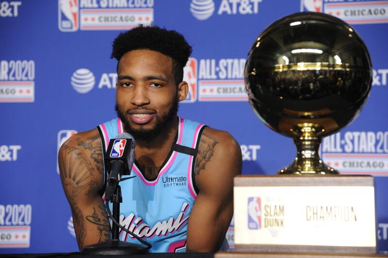 CHICAGO, IL - FEBRUARY 15: Derrick Jones Jr. #5 of the Miami Heat talks to the media after winning the Slam Dunk contest during NBA All-Star Saturday Night Presented by State Farm as part of 2020 NBA All-Star Weekend on February 15, 2020 at United Center in Chicago, Illinois. NOTE TO USER: User expressly acknowledges and agrees that, by downloading and/or using this Photograph, user is consenting to the terms and conditions of the Getty Images License Agreement. Mandatory Copyright Notice: Copyright 2020 NBAE (Photo by Eddy Matchette/NBAE via Getty Images)
