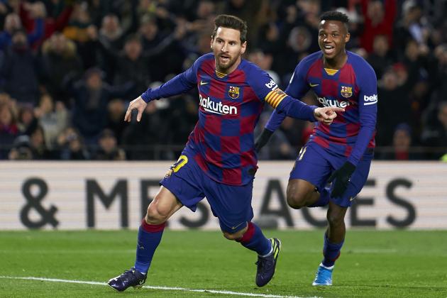 BARCELONA, SPAIN - JANUARY 19: Lionel Messi of Barcelona celebrates after scoring his team's first goal with his teammate Ansu Fati during the Liga match between FC Barcelona and Granada CF at Camp Nou on January 19, 2020 in Barcelona, Spain. (Photo by Quality Sport Images/Getty Images)