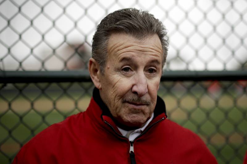Los Angeles Angels owner Arte Moreno talks to the media during practice at the team's spring baseball training facility in Tempe, Ariz., Monday, Feb. 18, 2019. (AP Photo/Chris Carlson)