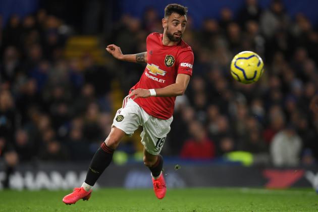 LONDON, ENGLAND - FEBRUARY 17: Bruno Fernandes of Manchester United in action during the Premier League match between Chelsea FC and Manchester United at Stamford Bridge on February 17, 2020 in London, United Kingdom. (Photo by Mike Hewitt/Getty Images)