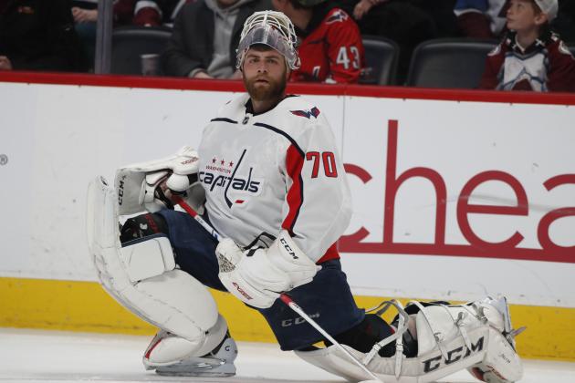 Washington Capitals goaltender Braden Holtby (70) in the first period of an NHL hockey game Thursday, Feb. 13, 2020, in Denver. (AP Photo/David Zalubowski)
