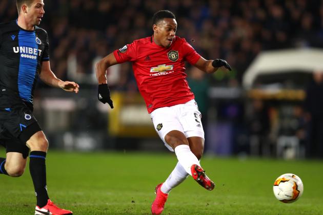 BRUGGE, BELGIUM - FEBRUARY 20: Anthony Martial of Manchester United scores his team's first goal during the UEFA Europa League round of 32 first leg match between Club Brugge and Manchester United at Jan Breydel Stadium on February 20, 2020 in Brugge, Belgium. (Photo by Dean Mouhtaropoulos/Getty Images)