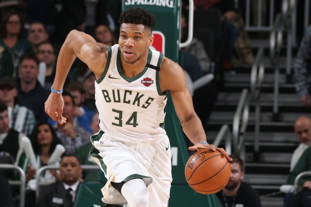 MILWAUKEE, WI - FEBRUARY 22: Giannis Antetokounmpo #34 of the Milwaukee Bucks handles the ball against the Philadelphia 76ers on February 22, 2020 at the Fiserv Forum in Milwaukee, Wisconsin. NOTE TO USER: User expressly acknowledges and agrees that, by downloading and or using this photograph, user is consenting to the terms and conditions of the Getty Images License Agreement.  Mandatory Copyright Notice: Copyright 2020 NBAE (Photo by Gary Dineen/NBAE via Getty Images)