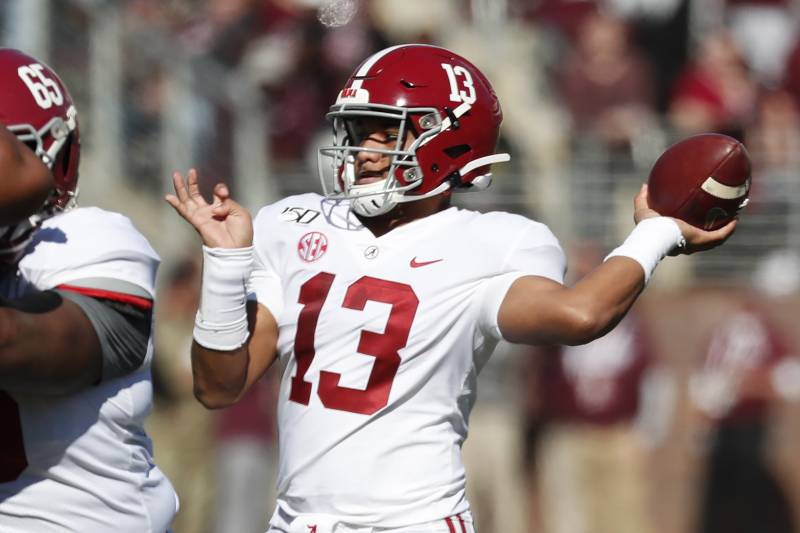 Alabama quarterback Tua Tagovailoa (13) throws a pass against Mississippi State during the first half of an NCAA college football game in Starkville, Miss., Saturday, Nov. 16, 2019. (AP Photo/Rogelio V. Solis)