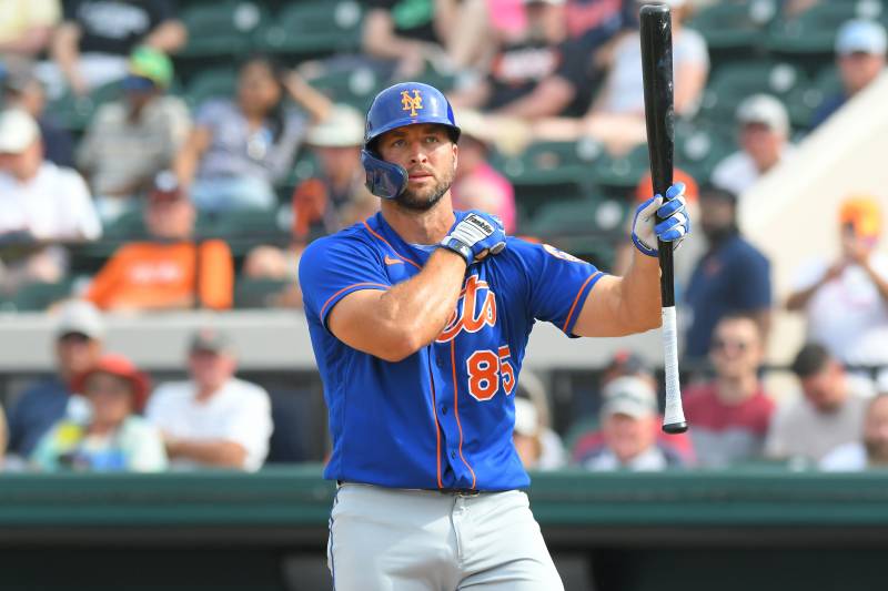 LAKELAND, FL - FEBRUARY 25: Tim Tebow #85 of the New York Mets looks on while batting during the Spring Training game against the Detroit Tigers at Publix Field at Joker Marchant Stadium on February 25, 2020 in Lakeland, Florida. The Tigers defeated the Mets 9-6. (Photo by Mark Cunningham/MLB Photos via Getty Images)