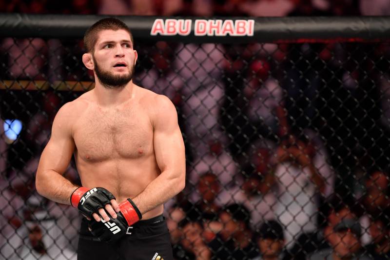 ABU DHABI, UNITED ARAB EMIRATES - SEPTEMBER 07:  Khabib Nurmagomedov of Russia stands in his corner between rounds of his lightweight championship bout against Dustin Poirier during UFC 242 at The Arena on September 7, 2019 in Yas Island, Abu Dhabi, United Arab Emirates. (Photo by Jeff Bottari/Zuffa LLC/Zuffa LLC via Getty Images)