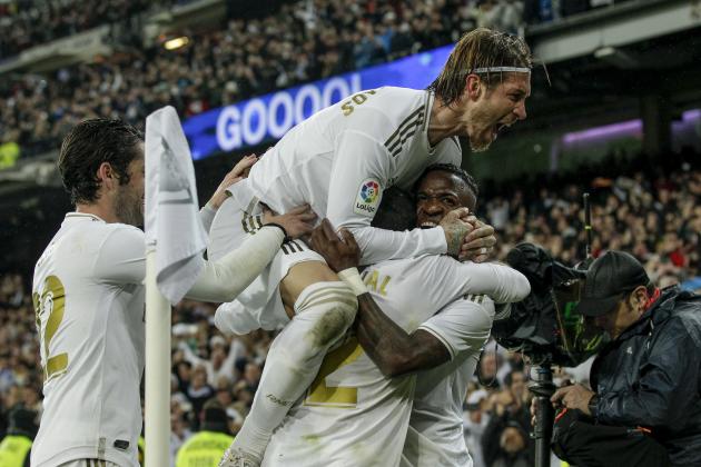 MADRID, SPAIN - MARCH 1: (L-R) Isco of Real Madrid, Sergio Ramos of Real Madrid, Dani Carvajal of Real Madrid, Vinicius Junior of Real Madrid celebrates goal 1-0 during the La Liga Santander  match between Real Madrid v FC Barcelona at the Santiago Bernabeu on March 1, 2020 in Madrid Spain (Photo by David S. Bustamante/Soccrates/Getty Images)