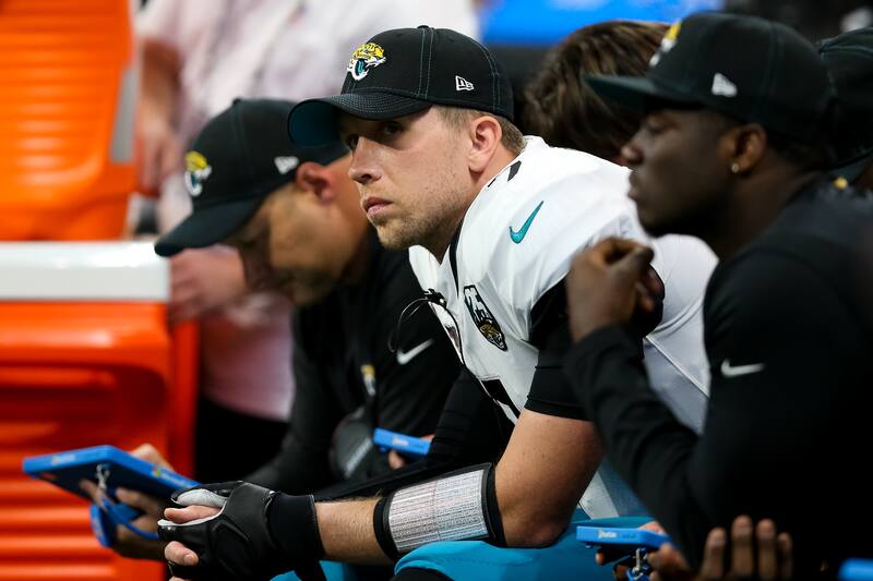ATLANTA, GA - DECEMBER 22: Nick Foles #7 of the Jacksonville Jaguars looks on from the bench during a game against the Atlanta Falcons at Mercedes-Benz Stadium on December 22, 2019 in Atlanta, Georgia. (Photo by Carmen Mandato/Getty Images)