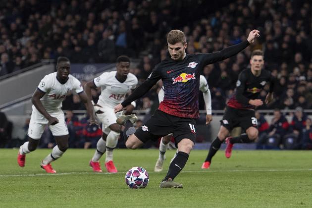 LONDON, ENGLAND - FEBRUARY 19: Timo Werner of RB Leipzig converts a penalty for the winning goal during the UEFA Champions League round of 16 first leg match between Tottenham Hotspur and RB Leipzig at Tottenham Hotspur Stadium on February 19, 2020 in London, United Kingdom. (Photo by Visionhaus)