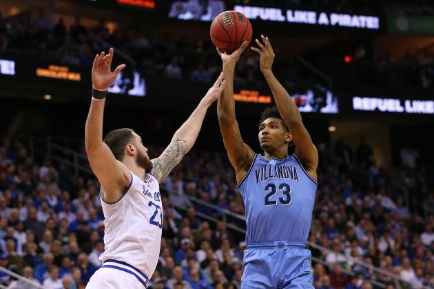 NEWARK, NJ - MARCH 04: Jermaine Samuels #23 of the Villanova Wildcats attempts a shot as Sandro Mamukelashvili #23 of the Seton Hall Pirates defends during the first half of a college basketball game at Prudential Center on March 4, 2020 in Newark, New Jersey. (Photo by Rich Schultz/Getty Images)
