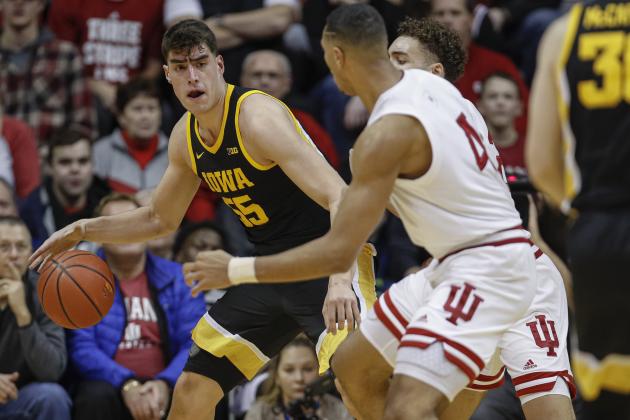 BLOOMINGTON, IN - FEBRUARY 13: Luka Garza #55 of the Iowa Hawkeyes dribbles the ball during the game against the Indiana Hoosiers at Assembly Hall on February 13, 2020 in Bloomington, Indiana. (Photo by Michael Hickey/Getty Images)