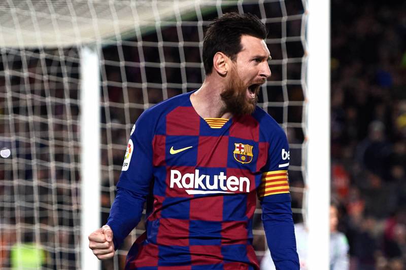 BARCELONA, SPAIN - MARCH 7: Lionel Messi of FC Barcelona celebrates scoring the starting goal during the La Liga game between FC Barcelona and Real Sociedad at the Camp Nou on March 7, 2020 in Barcelona, ​​Spain. (Photo by Alex Caparros / Getty Images)