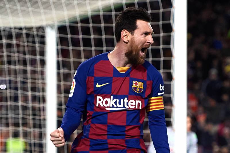 BARCELONA, SPAIN - MARCH 7: Lionel Messi of FC Barcelona celebrates scoring the starting goal during the La Liga game between FC Barcelona and Real Sociedad at the Camp Nou on March 7, 2020 in Barcelona, Spain. (Photo by Alex Caparros / Getty Images)