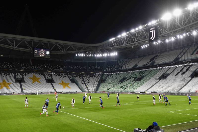 The Serie A soccer match between Inter Milan and Juventus at the Allianz Stadium in Turin, Italy, Sunday March 8, 2020. The match was played to a closed stadium as a measure against coronavirus contagion. (Marco Alpozzi/LaPresse via AP)