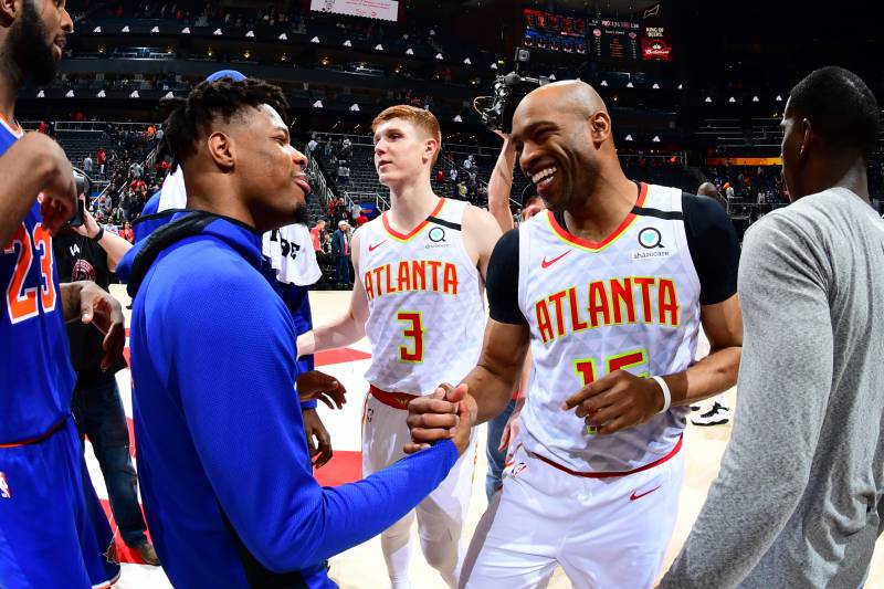 ATLANTA, GA - MARCH 11: Vince Carter #15 of the Atlanta Hawks smiles after the game against the New York Knicks on March 11, 2020 at State Farm Arena in Atlanta, Georgia.  NOTE TO USER: User expressly acknowledges and agrees that, by downloading and/or using this Photograph, user is consenting to the terms and conditions of the Getty Images License Agreement. Mandatory Copyright Notice: Copyright 2020 NBAE (Photo by Scott Cunningham/NBAE via Getty Images)