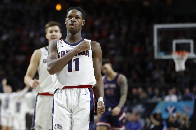 Gonzaga's Joel Ayayi (11) celebrates after scoring against Saint Mary's in the second half of an NCAA college basketball game in the final of the West Coast Conference men's tournament Tuesday, March 10, 2020, in Las Vegas. (AP Photo/John Locher)