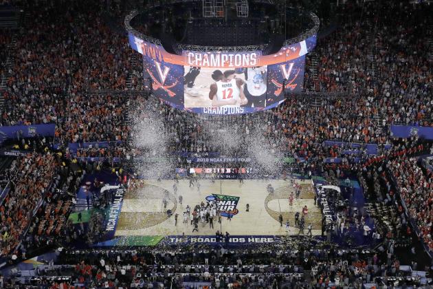Virginia players celebrates after defeating Texas Tech 85-77 in the overtime in the championship of the Final Four NCAA college basketball tournament, Monday, April 8, 2019, in Minneapolis. (AP Photo/Morry Gash)