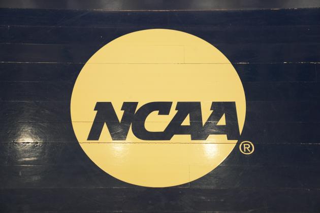 WASHINGTON, DC - MARCH 03:  The NCAA logo on the floor during a Atlantic 10 Women's Basketball Tournament - First Round college basketball game between the Richmond Spiders and the George Washington Colonials at the Smith Center on March 3, 2020 in Washington, DC.  (Photo by Mitchell Layton/Getty Images)