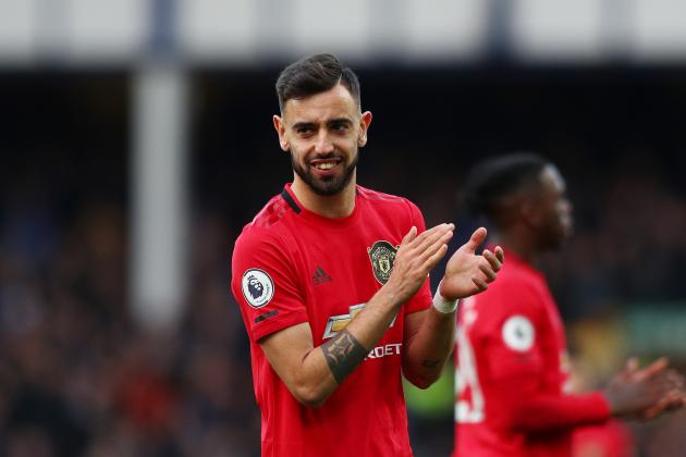 LIVERPOOL, ENGLAND - MARCH 01: Bruno Fernandes of Manchester United acknowledges the fans following the Premier League match between Everton FC and Manchester United at Goodison Park on March 01, 2020 in Liverpool, United Kingdom. (Photo by Jan Kruger/Getty Images)