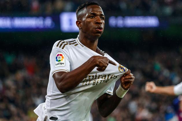 MADRID, SPAIN - MARCH 01: (BILD ZEITUNG OUT) Vinicius Junior of Real Madrid celebrates after scoring his team`s first goal 1:0 during the Liga match between Real Madrid CF and FC Barcelona at Estadio Santiago Bernabeu on March 1, 2020 in Madrid, Spain. (Photo by DeFodi Images via Getty Images)