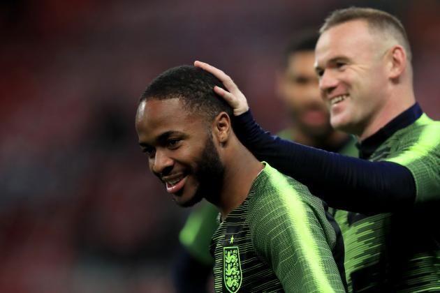 LONDON, ENGLAND - NOVEMBER 15: Raheem Sterling and Wayne Rooney of England during the International Friendly match between England and United States at Wembley Stadium on November 15, 2018 in London, United Kingdom. (Photo by Marc Atkins/Getty Images)